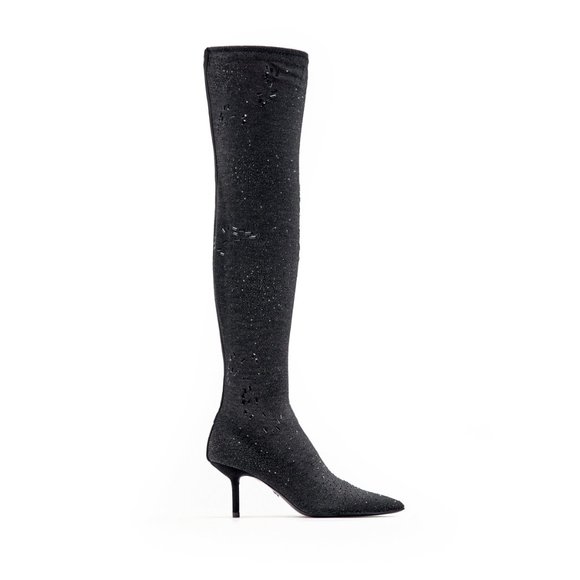 Zara black metallic over the knee point toe kitten heel fabric boots - Picture 2 of 6